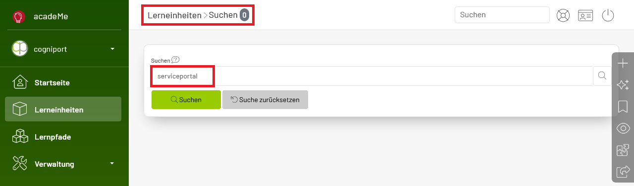 Suche nach Serviceportal in den Lerneinheiten