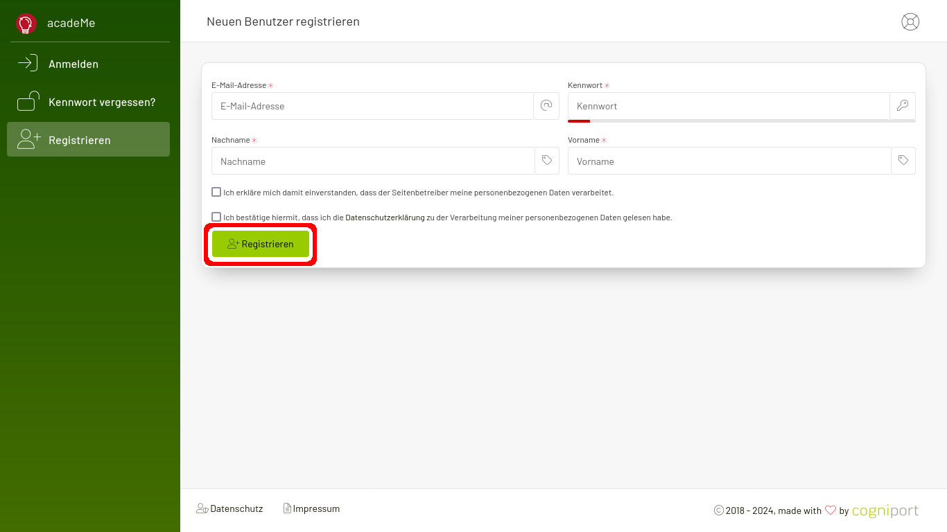 Bestätigung des Registrierungsformulars