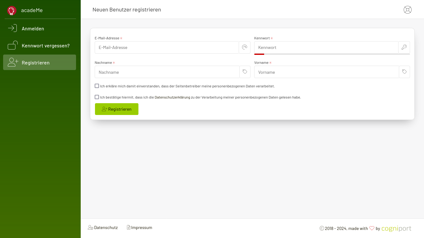 Formular zum Registrieren eines neuen Benutzers