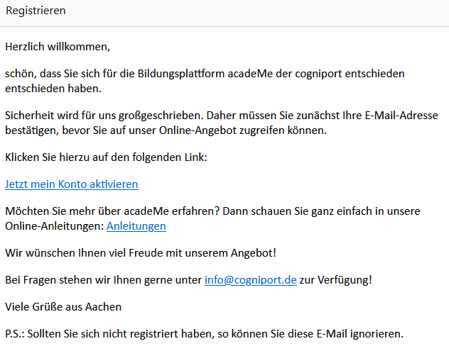 Bestätigung der Registrierung per E-Mail