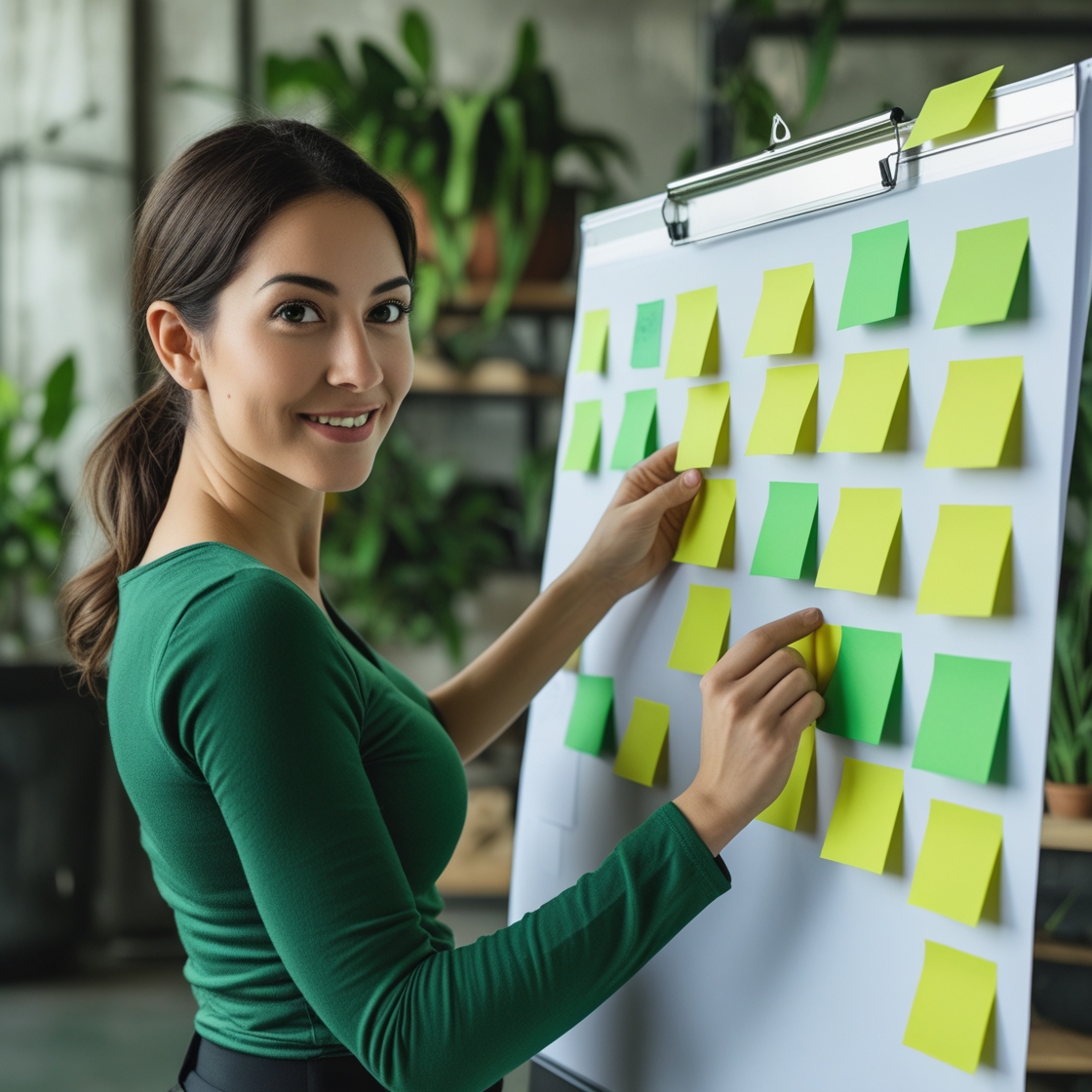 Frau klebt Post-Its an ein Flipchart