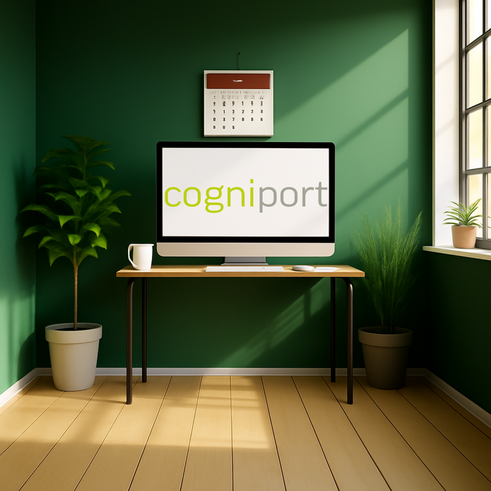 Ein Schreibtisch mit einem Monitor, auf dem das cogniport Logo abgebildet ist.