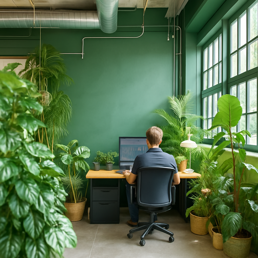 Man sieht einen Mann der vor einem PC-Monitor am Schreibtisch in einem Büro mit Pflanzen ist