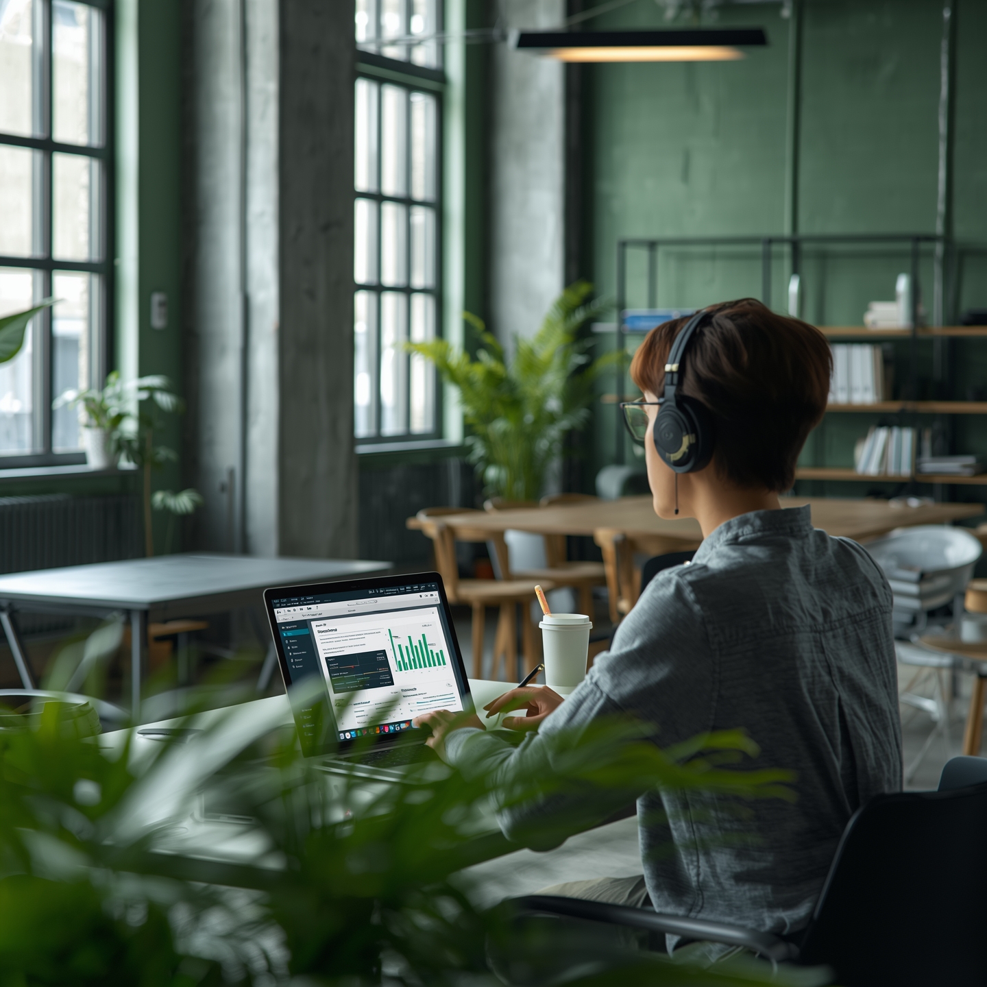 Eine Frau sitzt vor einem Laptop in einem Büro und führt ein eLearning durch