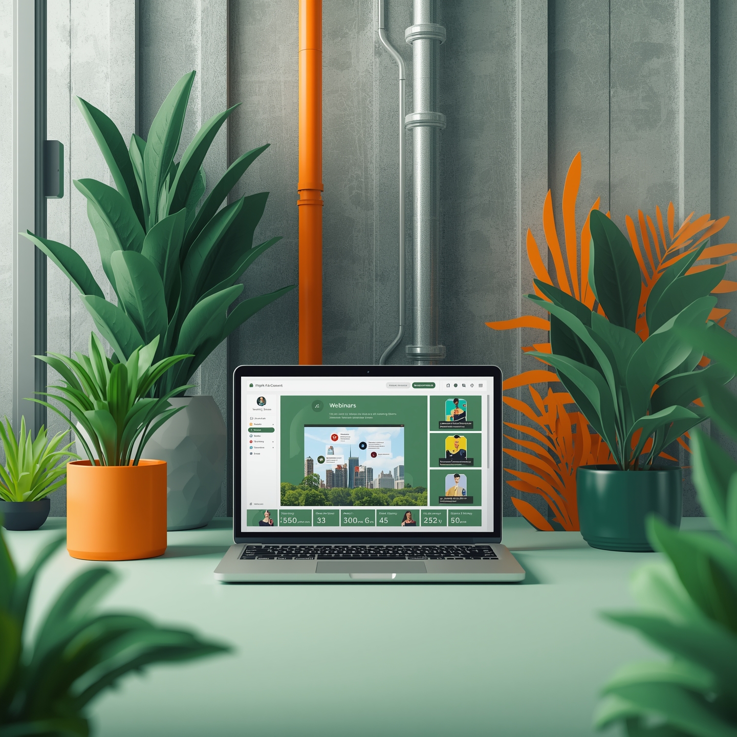 In der Mitte befindet sich ein aufgeklappter Laptop, umgeben von mehreren Pflanzen