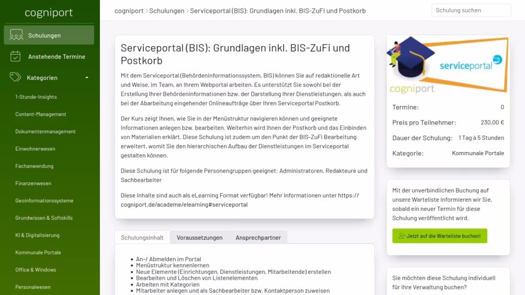 Die Detailseite einer Schulung