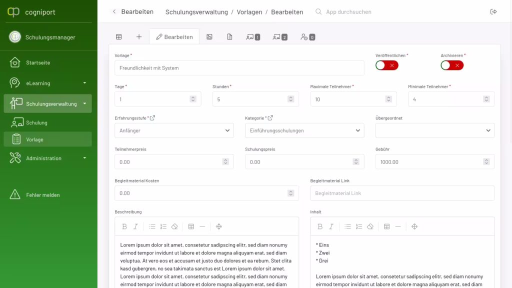 Bearbeitung einer Vorlage im Bildungsportal