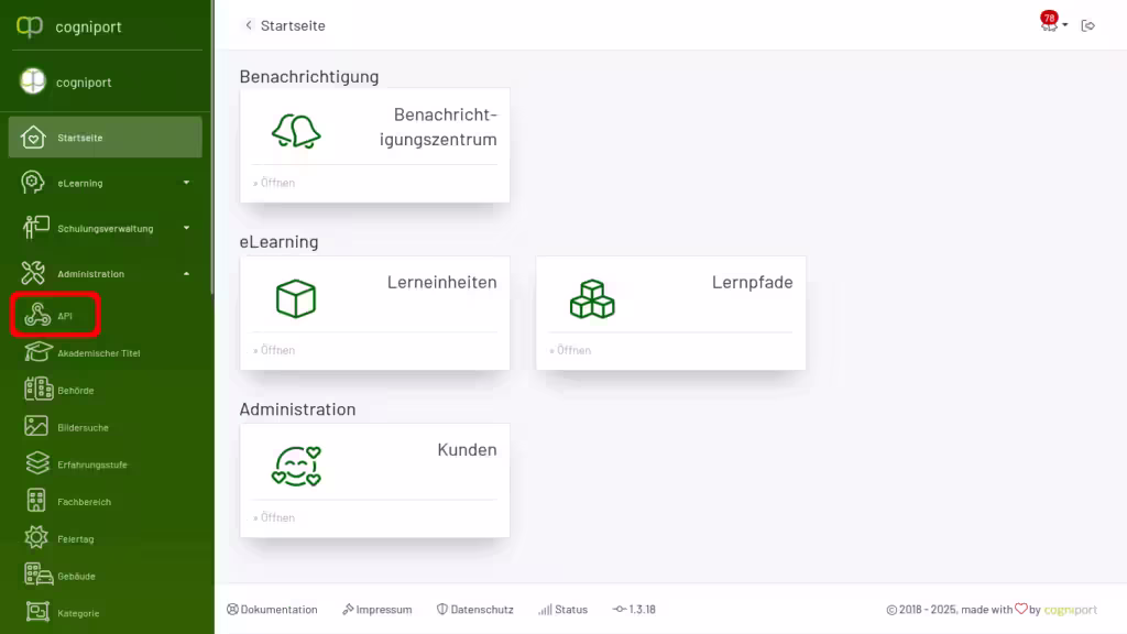 Im Hauptmenü finden Sie den Punkt API