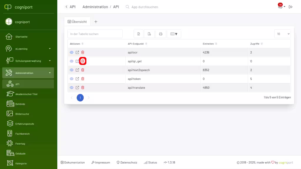 Löschen können Sie über das Mülleimer Symbol