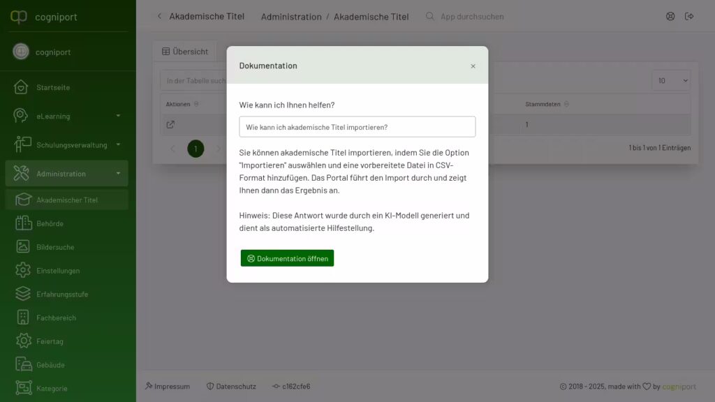 Die Dokumentation mit einer KI generierten Antwort