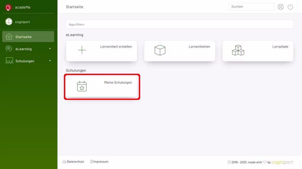 Der Punkt meine Schulungen auf der Startseite