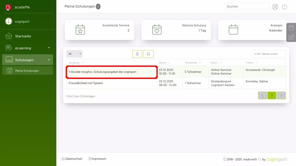 Auswahl einer Schulung in der App Meine Schulungen