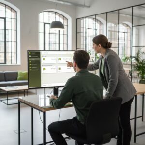 Mitarbeitende einer kommunalen Verwaltung arbeiten gemeinsam mit dem cogniport Bildungsportal