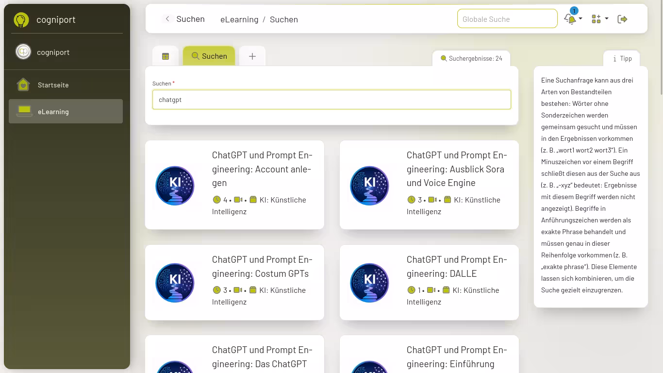 Suche nach eLearning-Angeboten im cogniport Bildungsportal