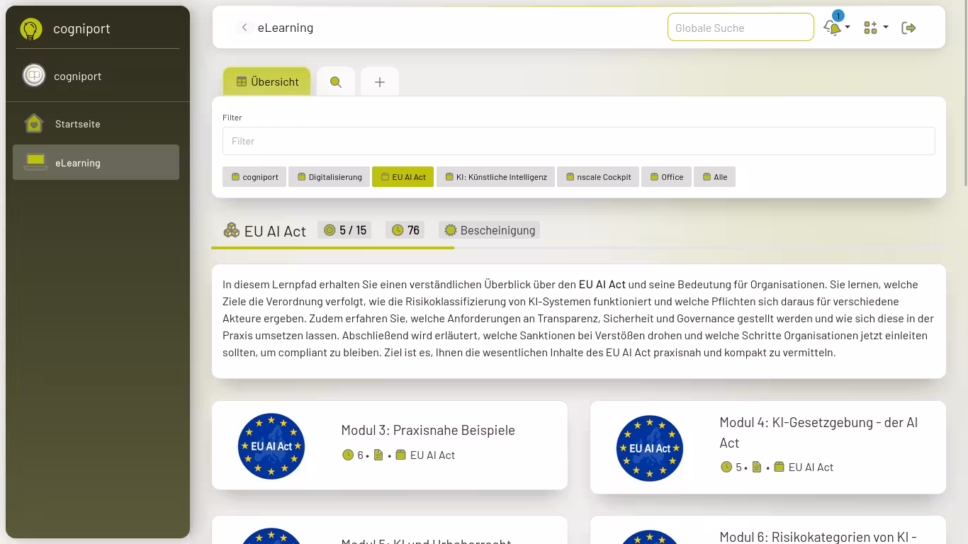 Übersicht der verfügbaren eLearning-Angebote im cogniport Bildungsportal