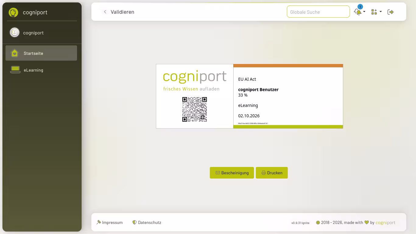 Bronze-Zertifikat für ein abgeschlossenes eLearning im cogniport Bildungsportal mit QR-Code zur Überprüfung