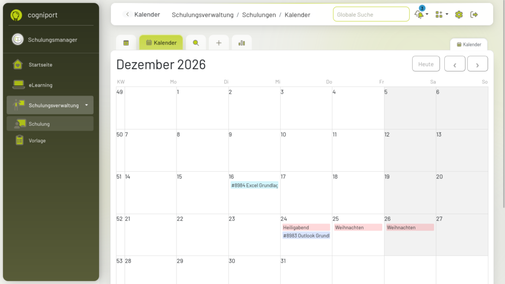Schulungstermine in der Kalenderansicht des cogniport Bildungsportals planen und verwalten
