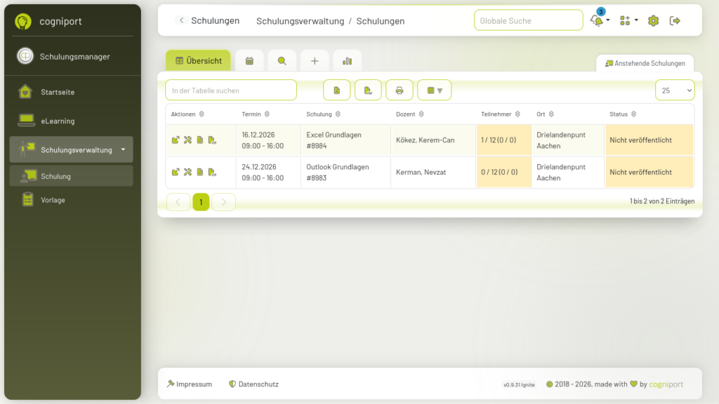 Schulungen und Termine im cogniport Bildungsportal zentral verwalten