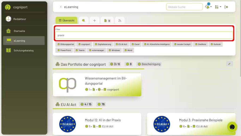 Filterung im eLearning funktioniert nun auch auf Schlagworte